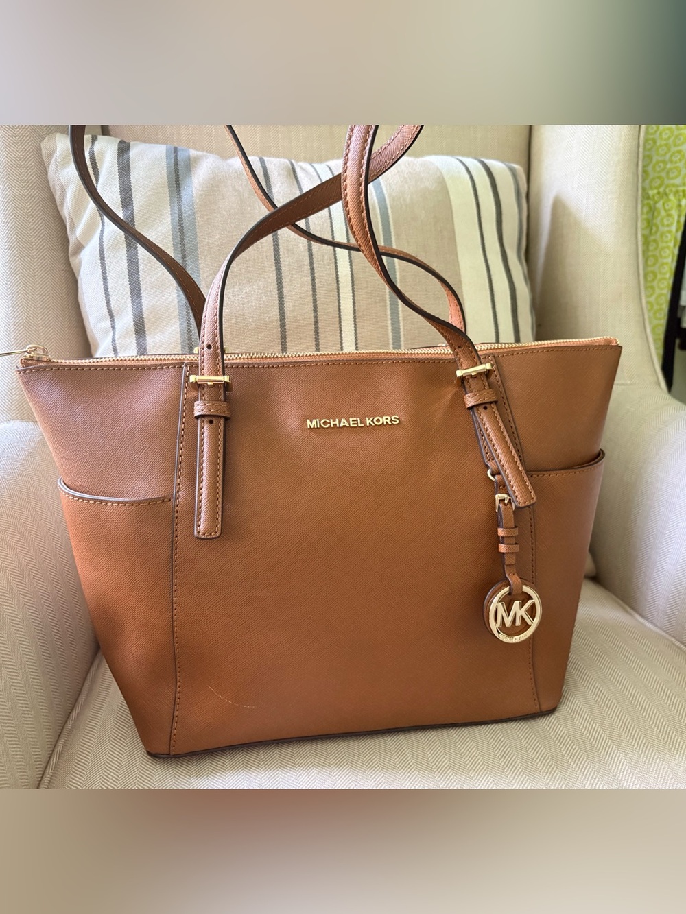 Michael Kors Tan Leather Saffiano Tote with Gold MK Charm